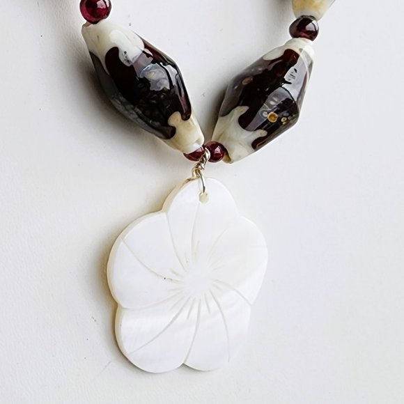 One of Kind Necklace Vintage Made Nautilus Shell, Garnets, MOP - Picture 2 of 3